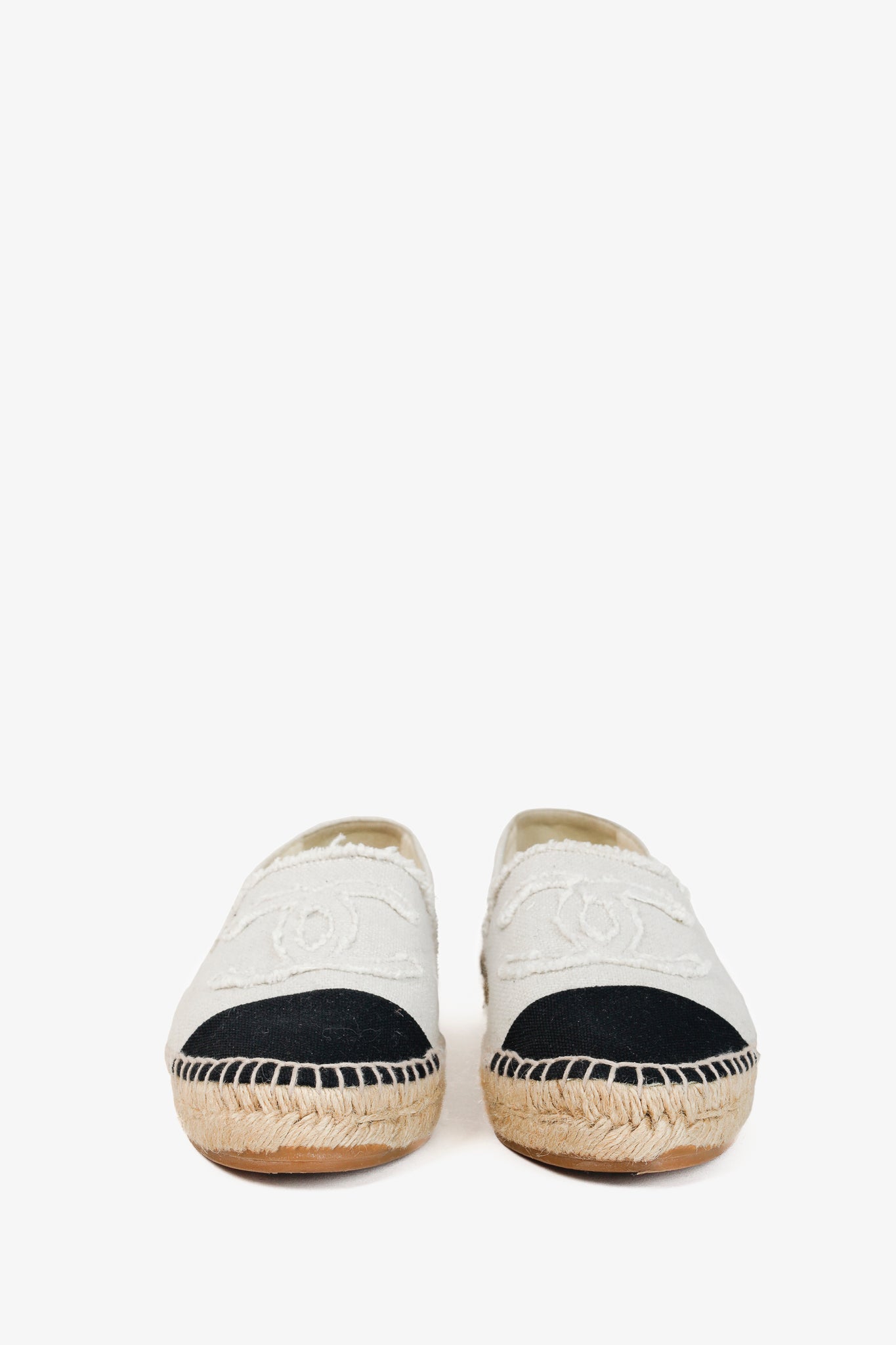 Chanel Fraying CC Textile Espadrille Flats in White and Black