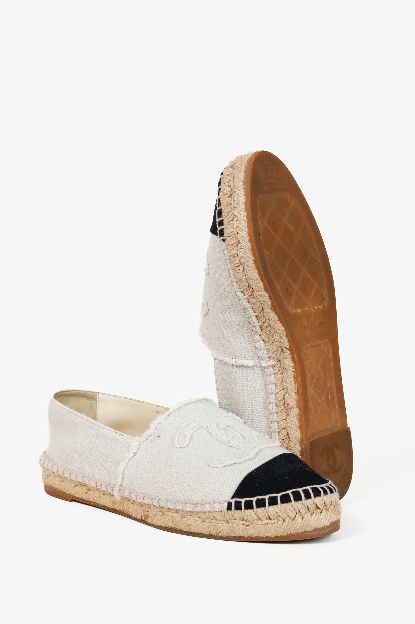 Chanel Fraying CC Textile Espadrille Flats in White and Black