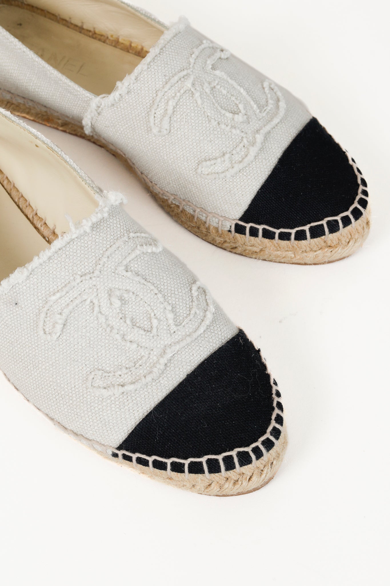 Chanel Fraying CC Textile Espadrille Flats in White and Black