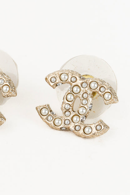 Chanel CC Pearl-Embellished Gold-Tone Stud Earrings