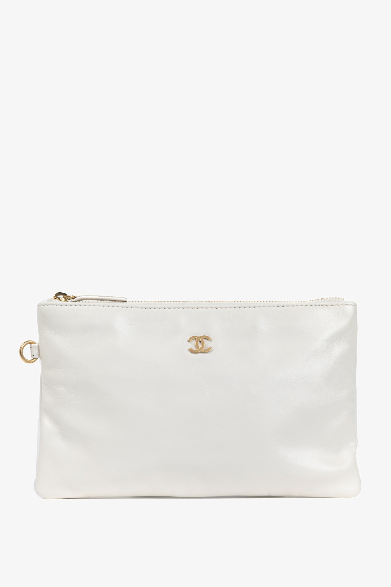 Chanel White Shiny Calfskin Logo Pouch