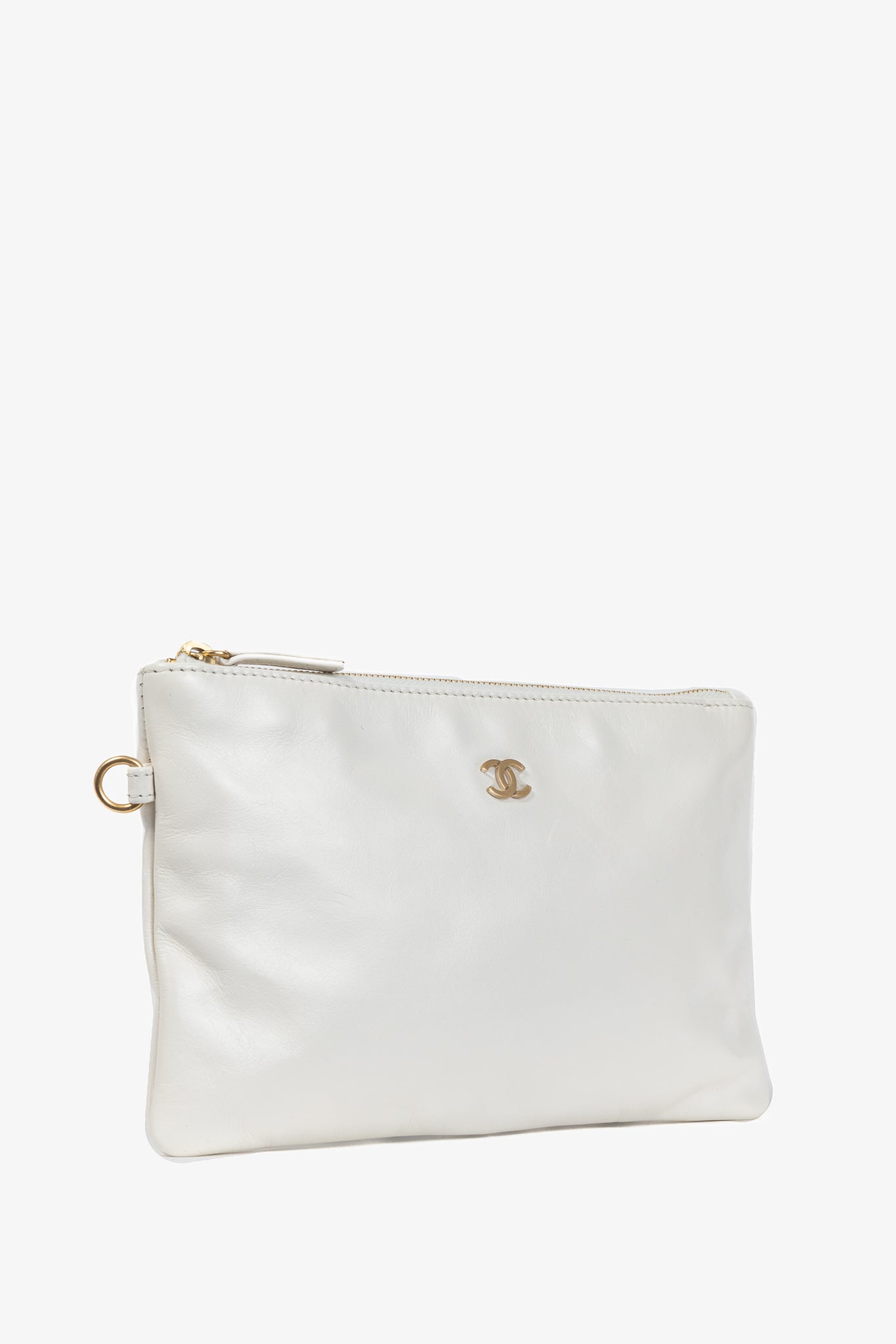 Chanel White Shiny Calfskin Logo Pouch