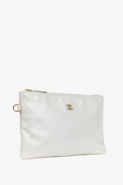 Chanel White Shiny Calfskin Logo Pouch