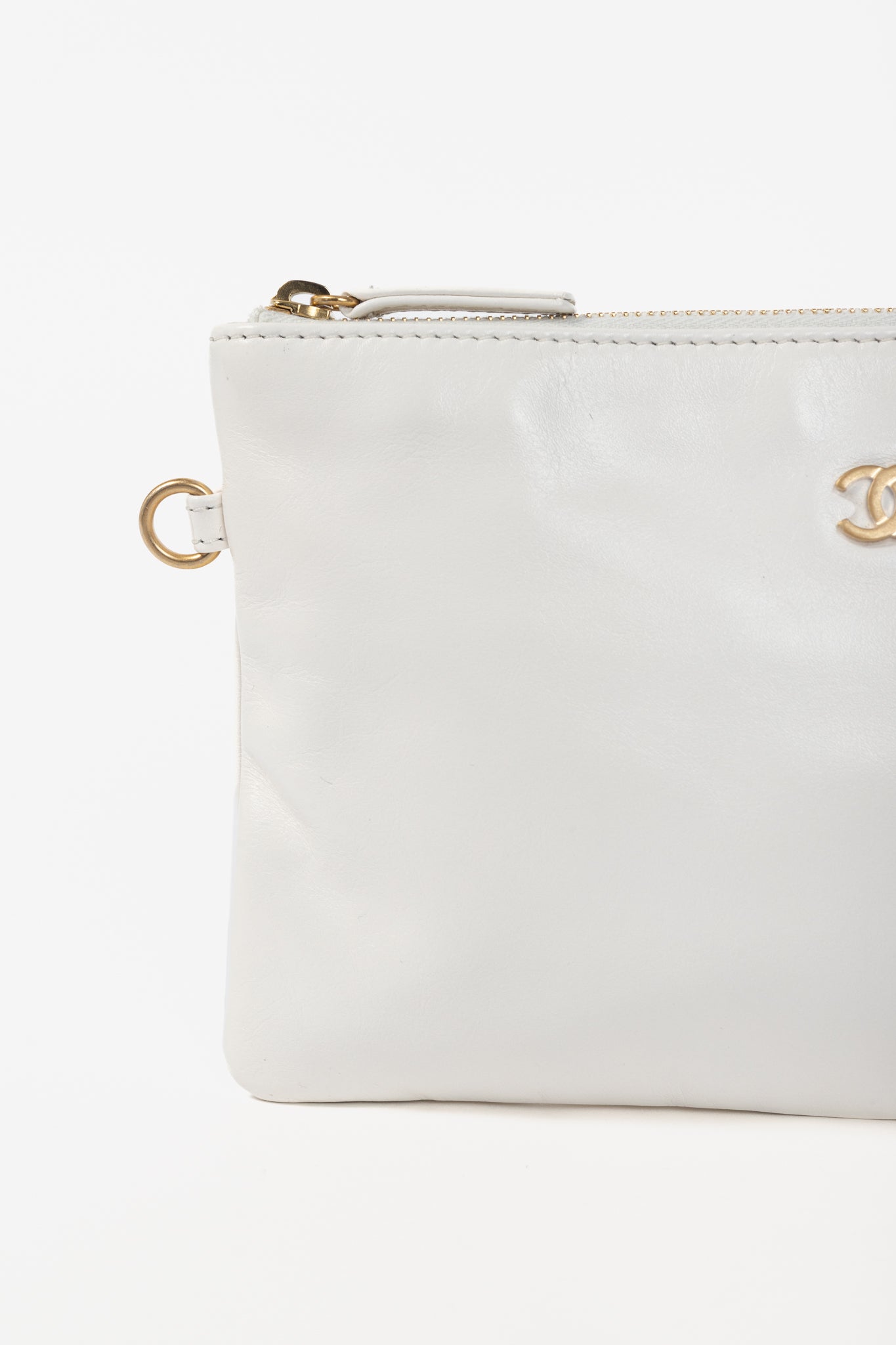 Chanel White Shiny Calfskin Logo Pouch
