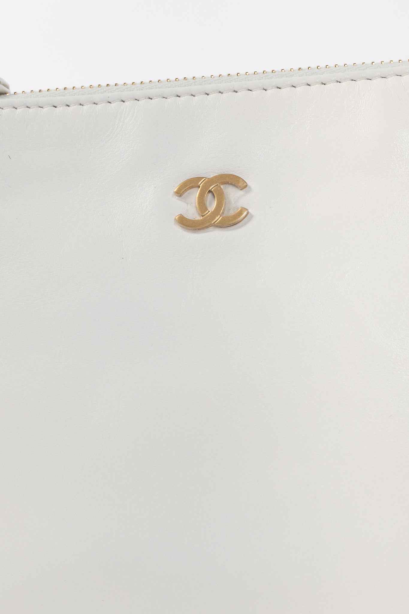 Chanel White Shiny Calfskin Logo Pouch