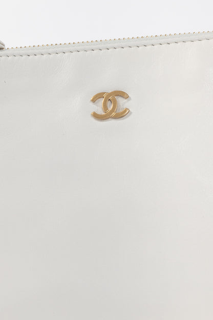 Chanel White Shiny Calfskin Logo Pouch