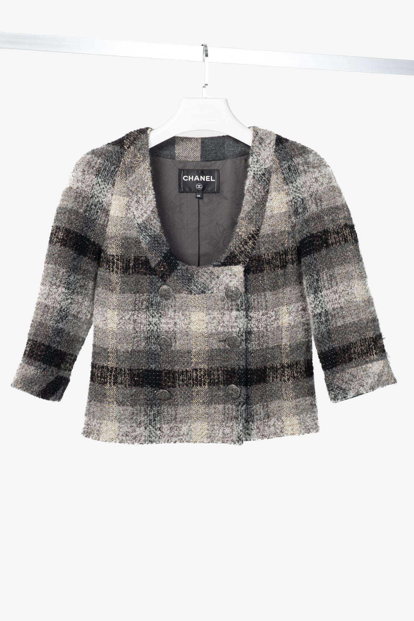 Chanel 18B Grey Metallic-Check Wool Double-Breasted Jacket