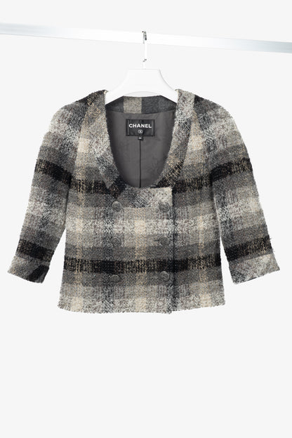 Chanel 18B Grey Metallic-Check Wool Double-Breasted Jacket