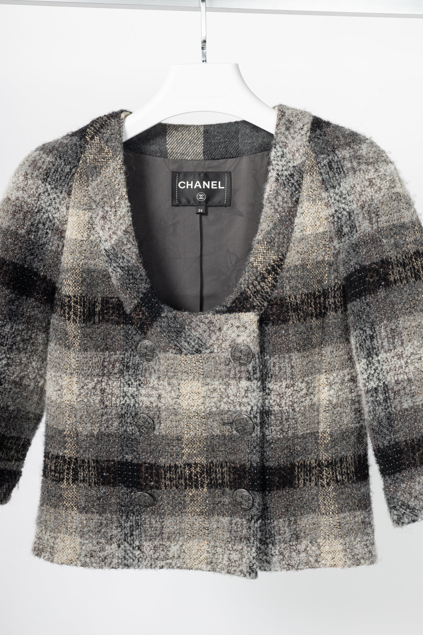 Chanel 18B Grey Metallic-Check Wool Double-Breasted Jacket