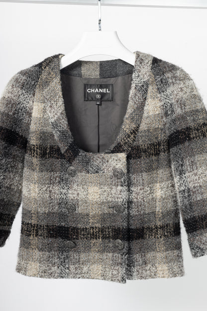 Chanel 18B Grey Metallic-Check Wool Double-Breasted Jacket
