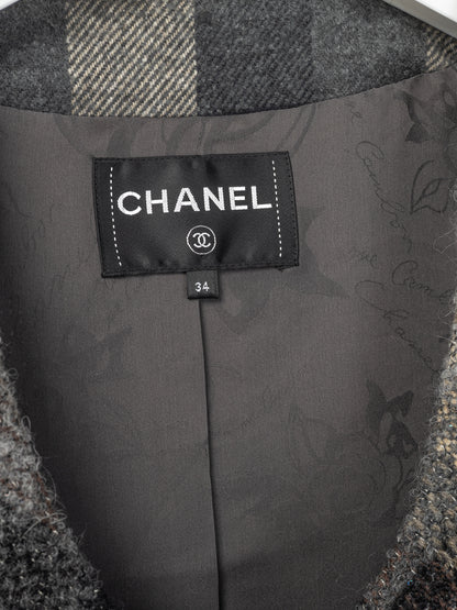 Chanel 18B Grey Metallic-Check Wool Double-Breasted Jacket