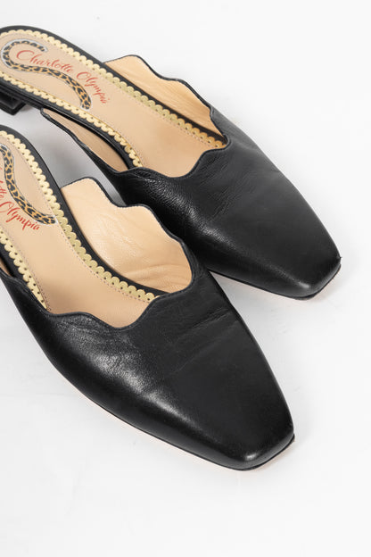 Charlotte Olympia Black Nappa Scalloped Slide Mules