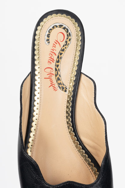 Charlotte Olympia Black Nappa Scalloped Slide Mules