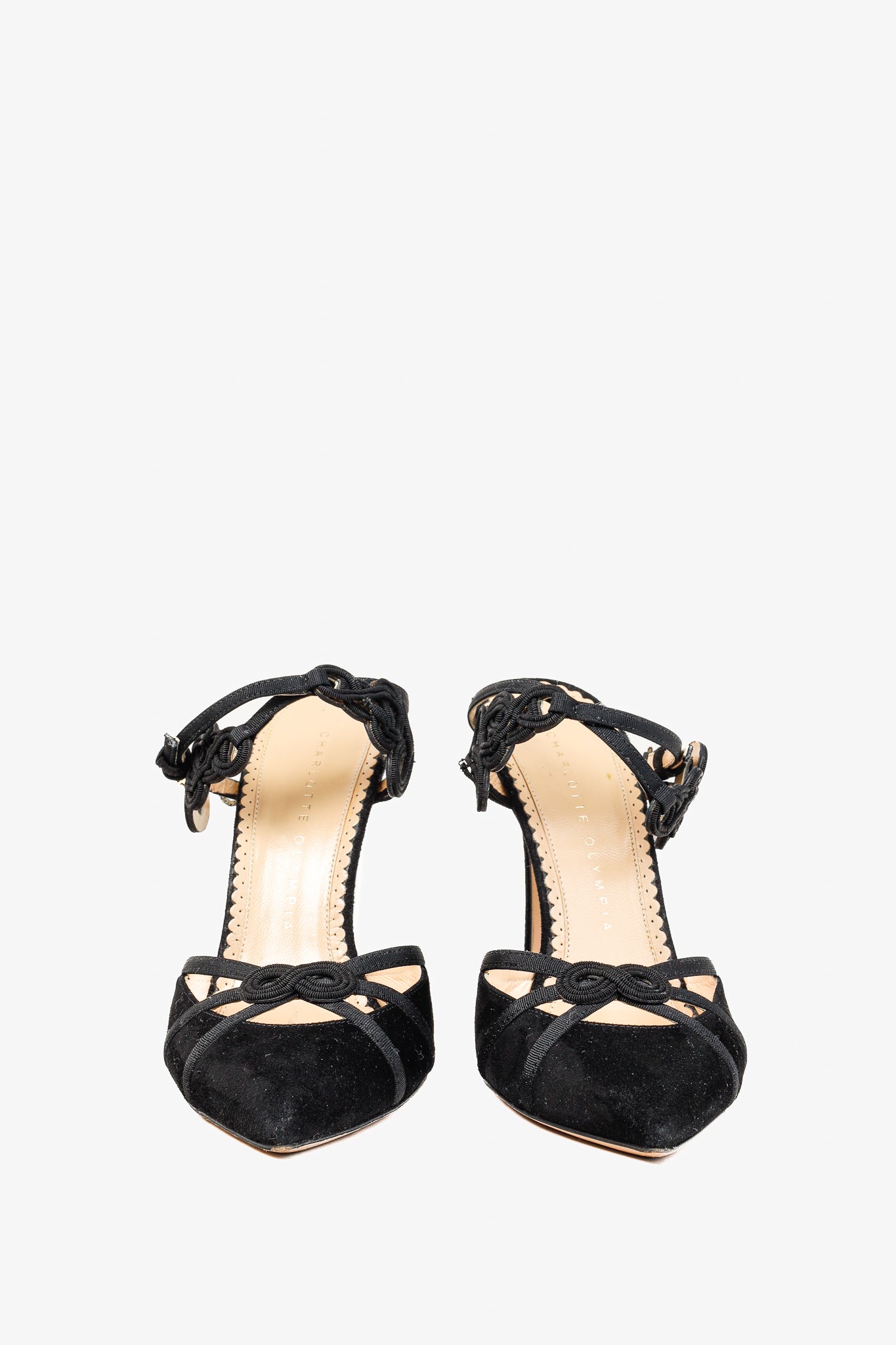 Charlotte Olympia Minx Black Suede Embroidered Heels