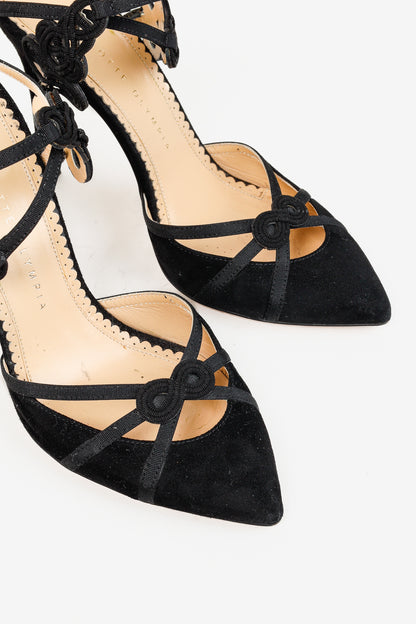 Charlotte Olympia Minx Black Suede Embroidered Heels