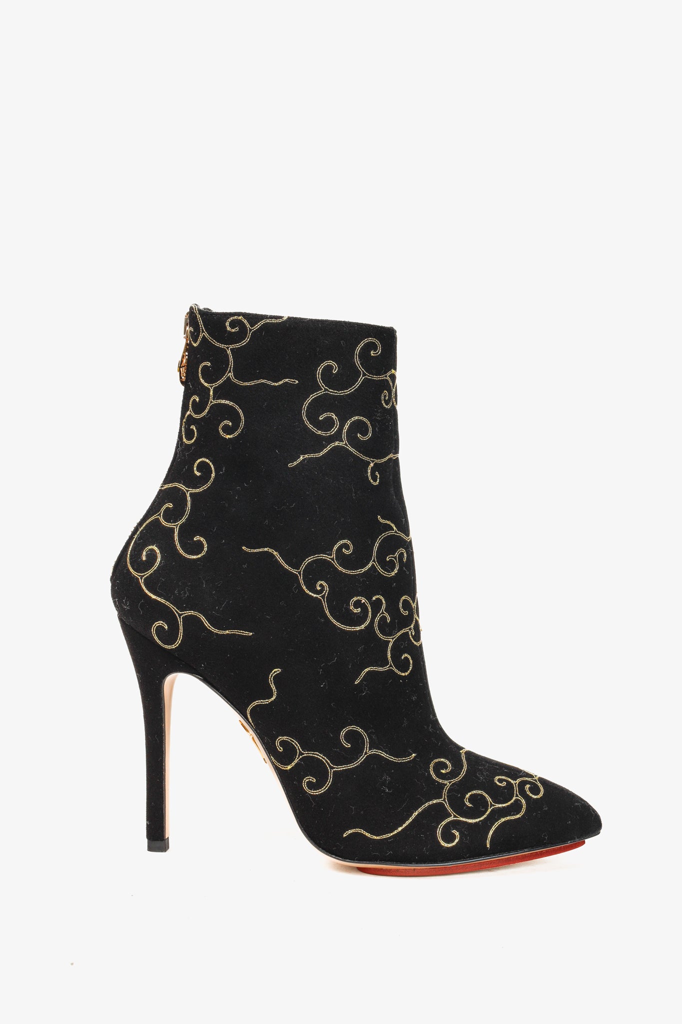 Charlotte Olympia Betsy Black Gold Embroidered Stiletto Boots