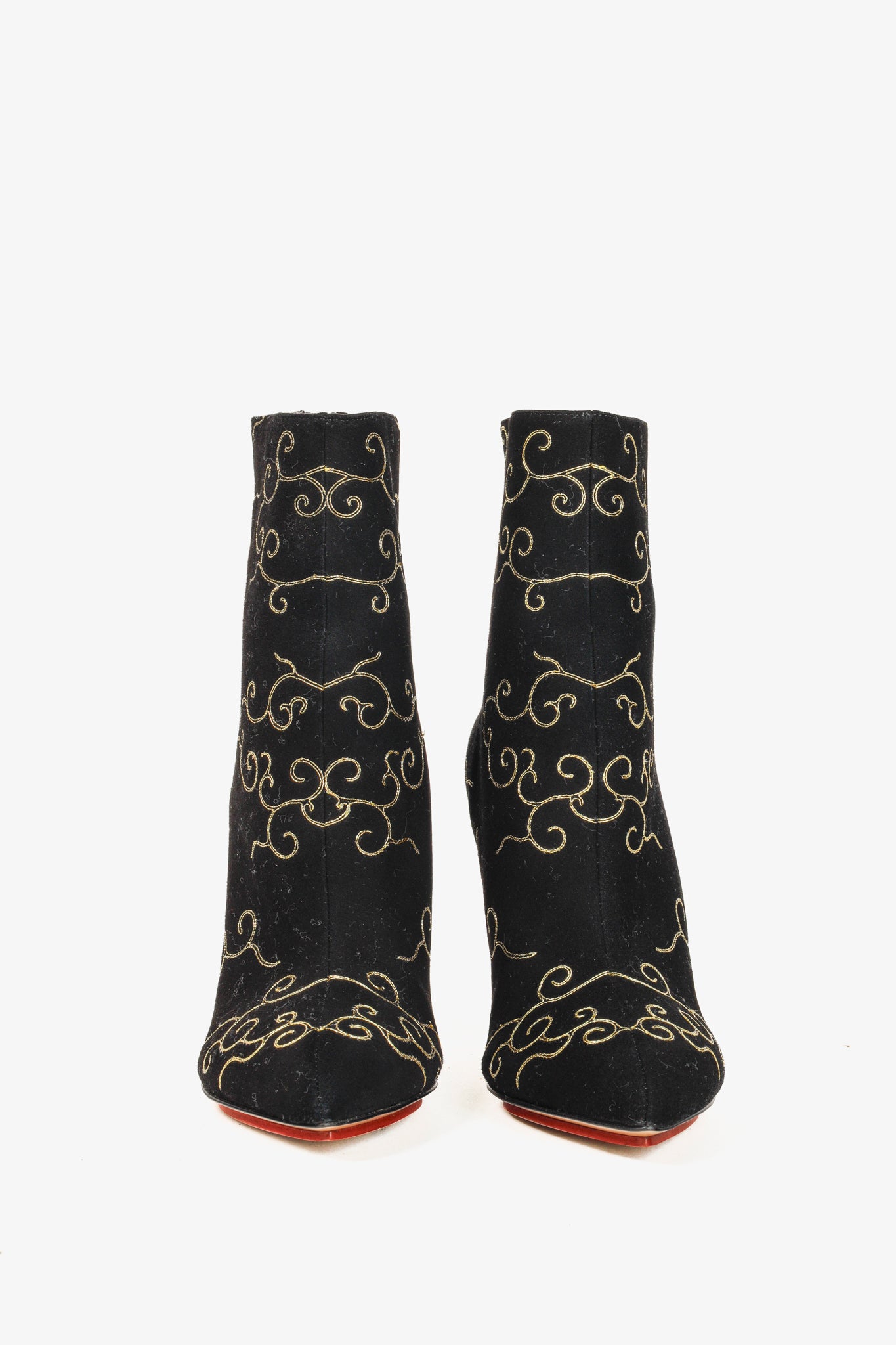 Charlotte Olympia Betsy Black Gold Embroidered Stiletto Boots