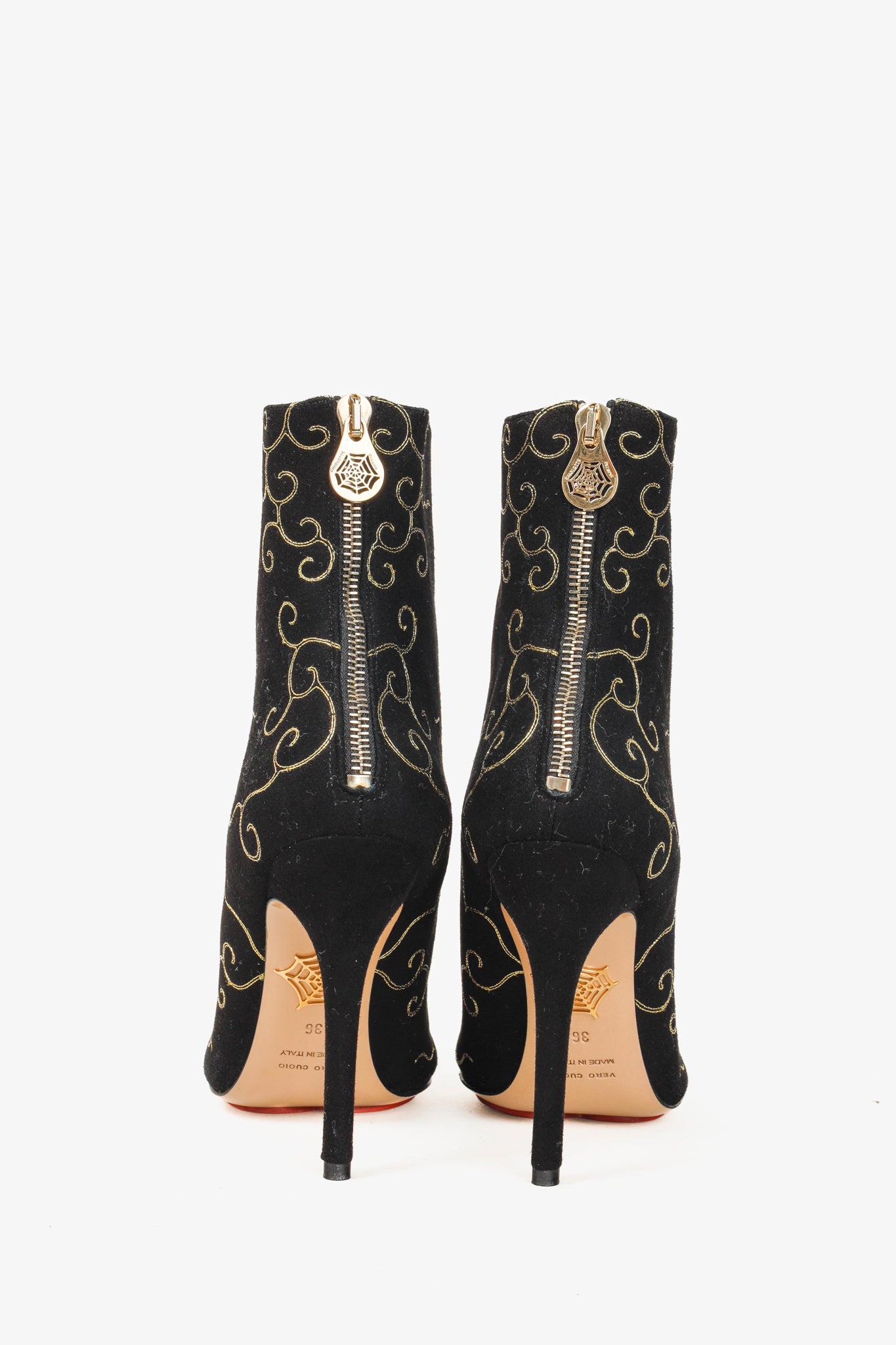 Charlotte Olympia Betsy Black Gold Embroidered Stiletto Boots