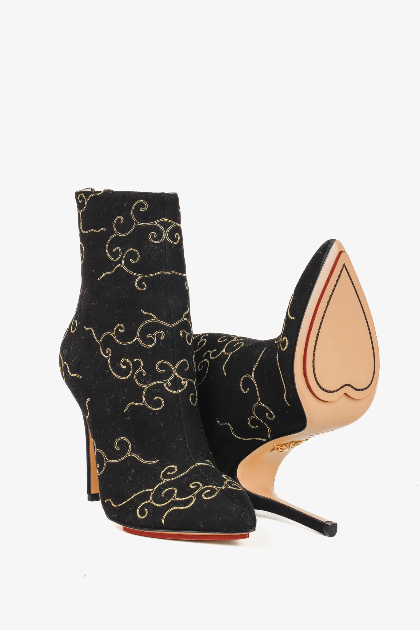 Charlotte Olympia Betsy Black Gold Embroidered Stiletto Boots