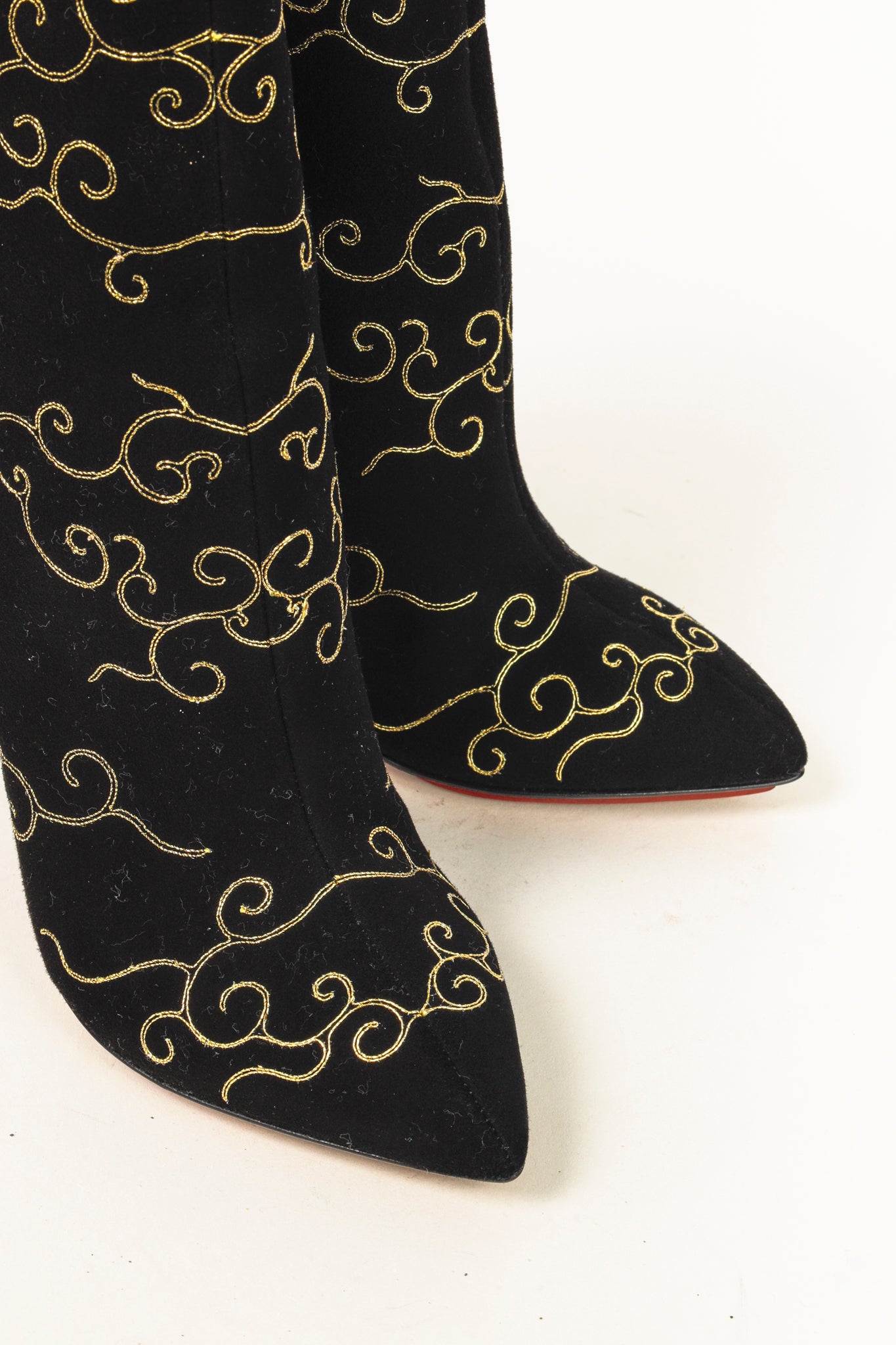 Charlotte Olympia Betsy Black Gold Embroidered Stiletto Boots