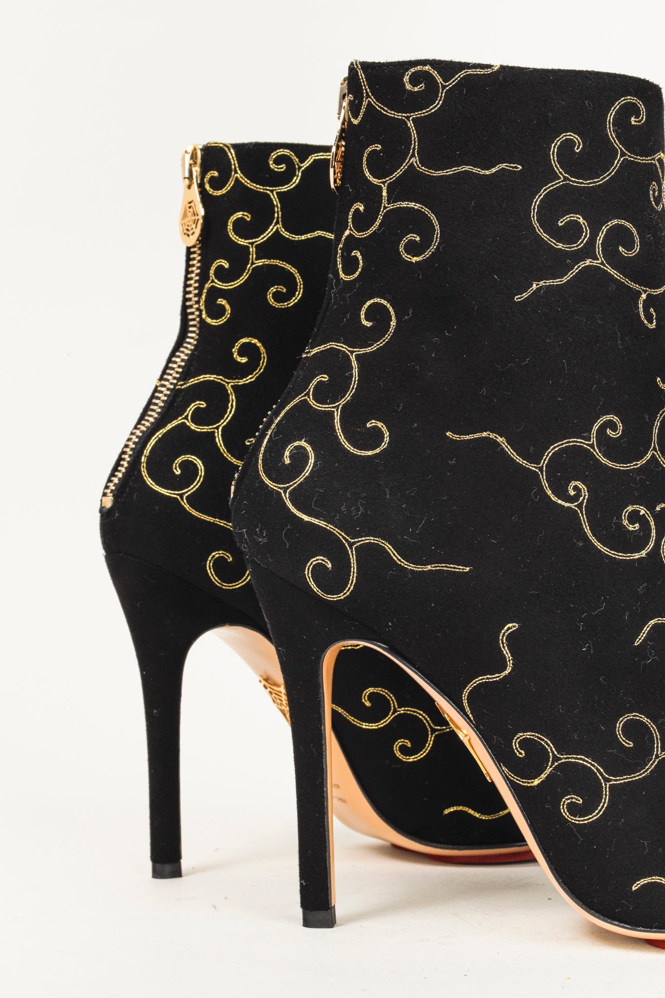 Charlotte Olympia Betsy Black Gold Embroidered Stiletto Boots