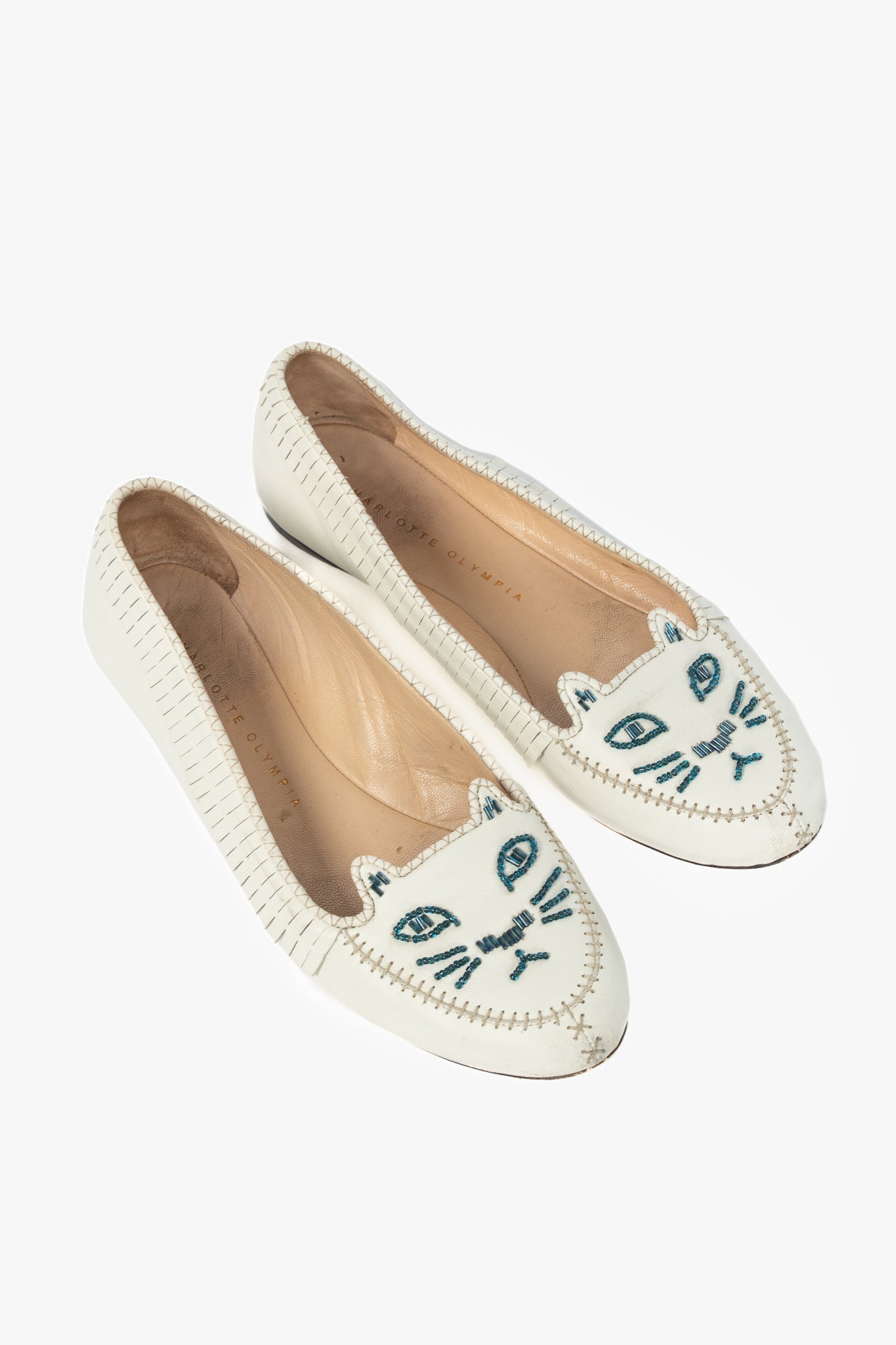 Charlotte Olympia Kitty White Leather Beaded Fringe Flats