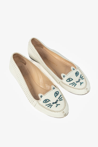 Charlotte Olympia Kitty White Leather Beaded Fringe Flats