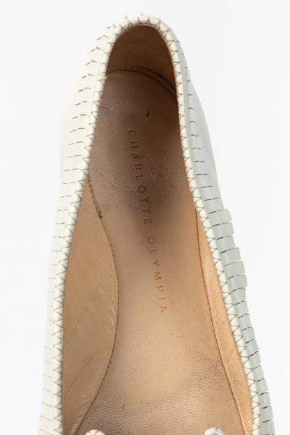 Charlotte Olympia Kitty White Leather Beaded Fringe Flats