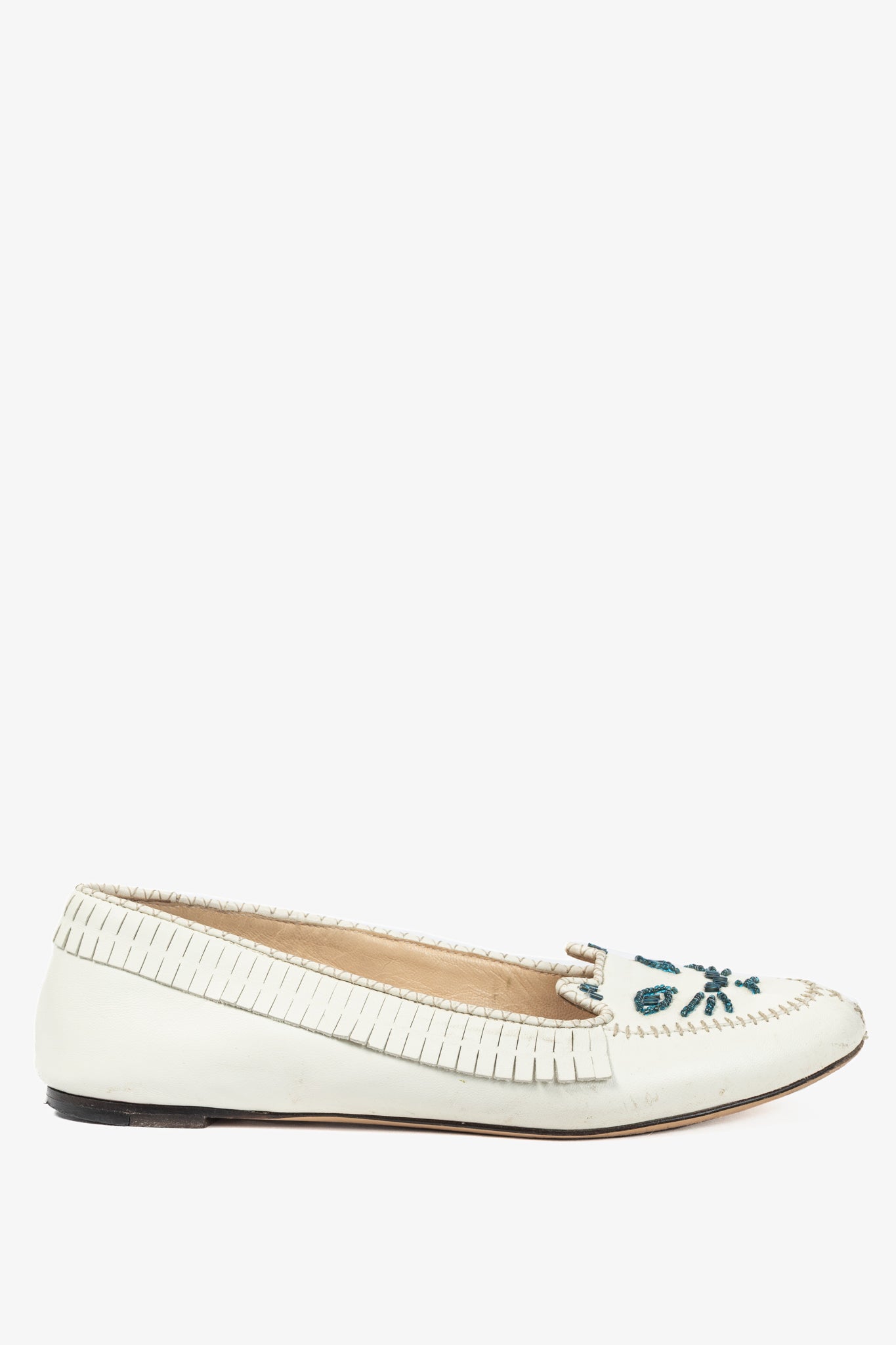 Charlotte Olympia Kitty White Leather Beaded Fringe Flats