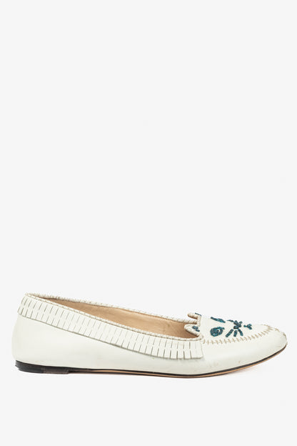 Charlotte Olympia Kitty White Leather Beaded Fringe Flats