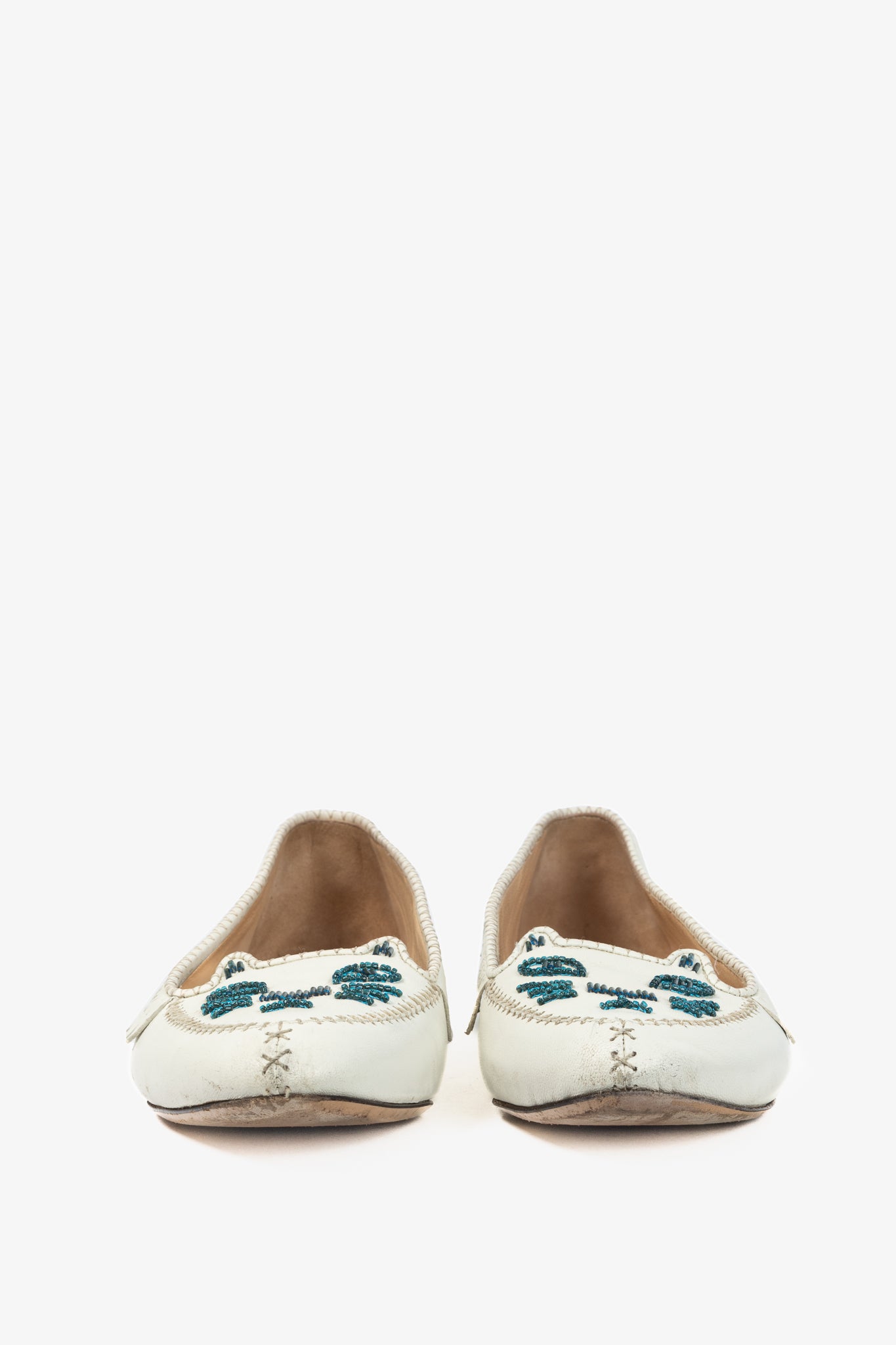 Charlotte Olympia Kitty White Leather Beaded Fringe Flats