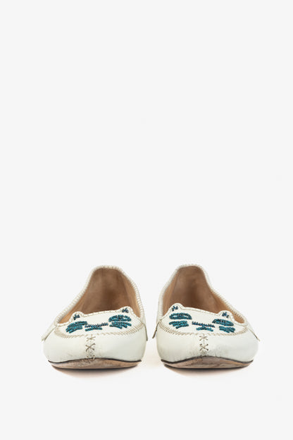 Charlotte Olympia Kitty White Leather Beaded Fringe Flats