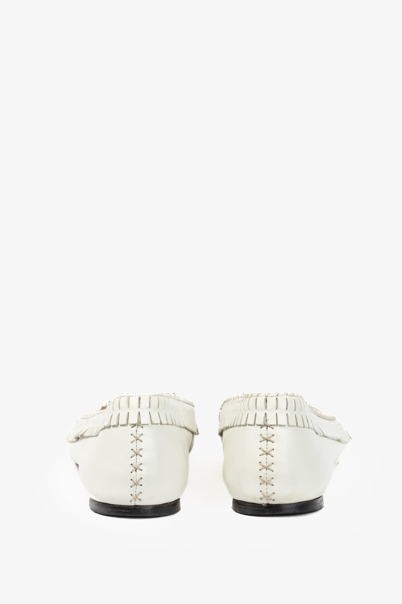 Charlotte Olympia Kitty White Leather Beaded Fringe Flats