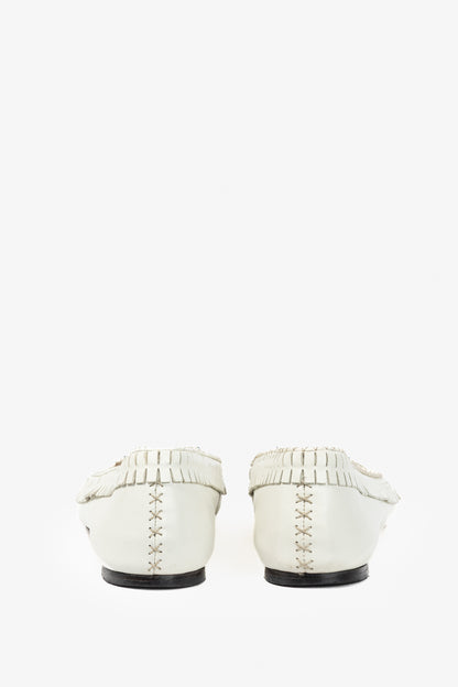 Charlotte Olympia Kitty White Leather Beaded Fringe Flats