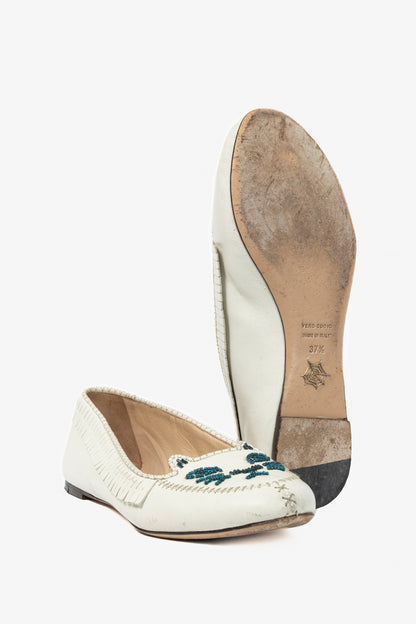 Charlotte Olympia Kitty White Leather Beaded Fringe Flats