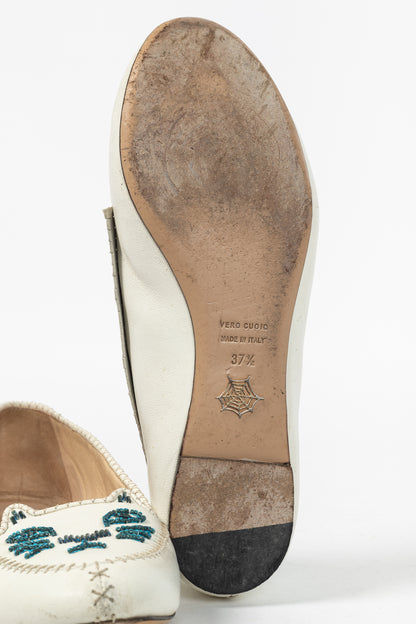 Charlotte Olympia Kitty White Leather Beaded Fringe Flats