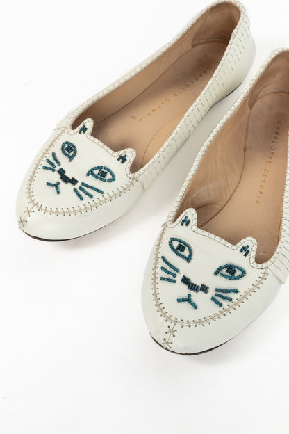 Charlotte Olympia Kitty White Leather Beaded Fringe Flats
