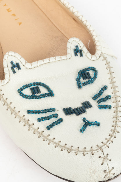 Charlotte Olympia Kitty White Leather Beaded Fringe Flats
