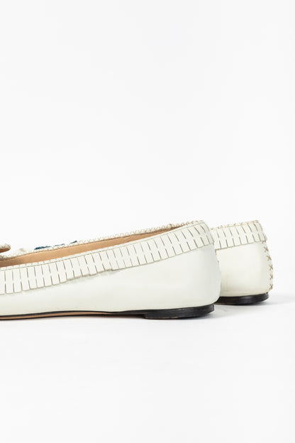 Charlotte Olympia Kitty White Leather Beaded Fringe Flats