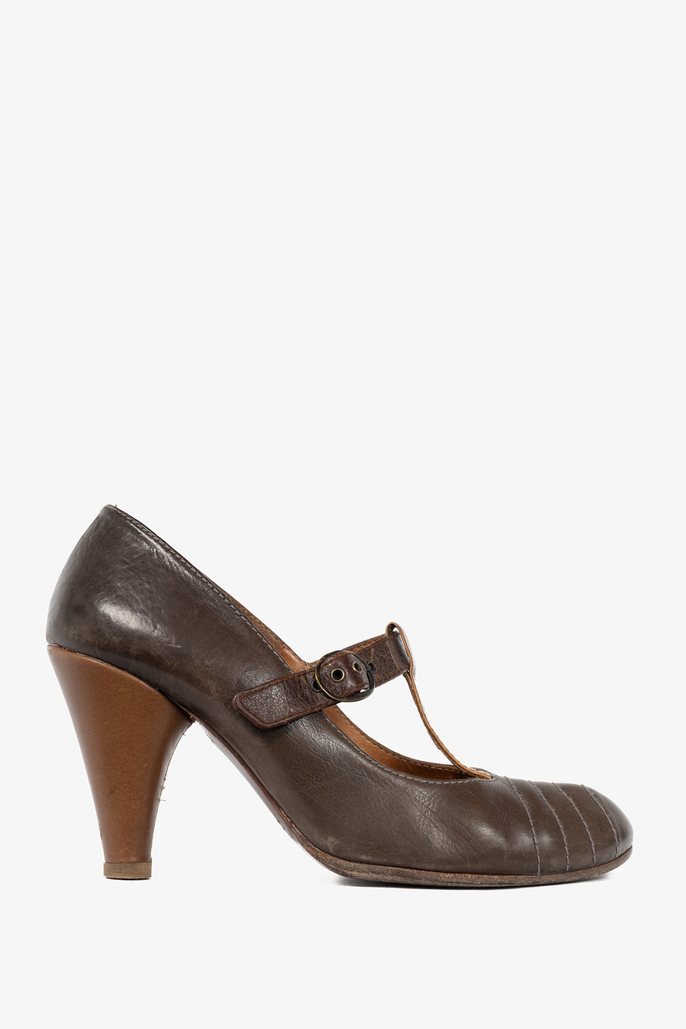 Chie Mihara Brown Quilted T-Strap Mary Jane Pumps