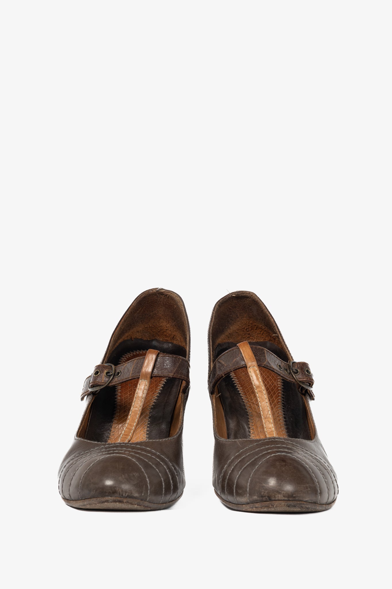 Chie Mihara Brown Quilted T-Strap Mary Jane Pumps