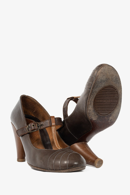 Chie Mihara Brown Quilted T-Strap Mary Jane Pumps
