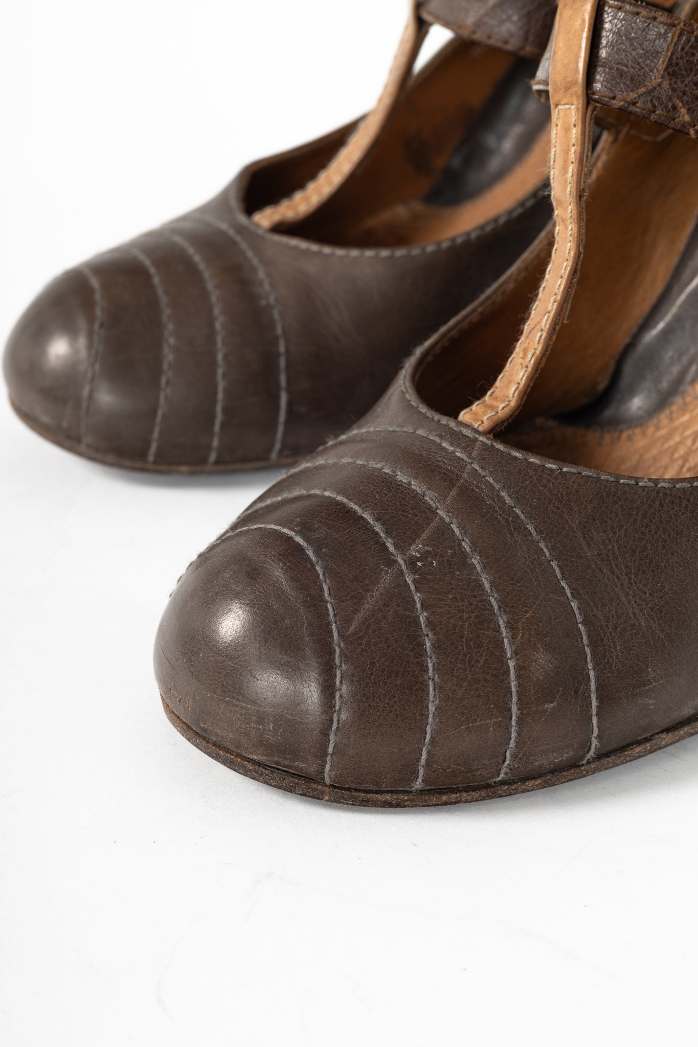 Chie Mihara Brown Quilted T-Strap Mary Jane Pumps