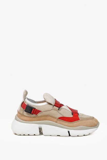 Chloe Sonnie Beige Leather Red Strap Trainers