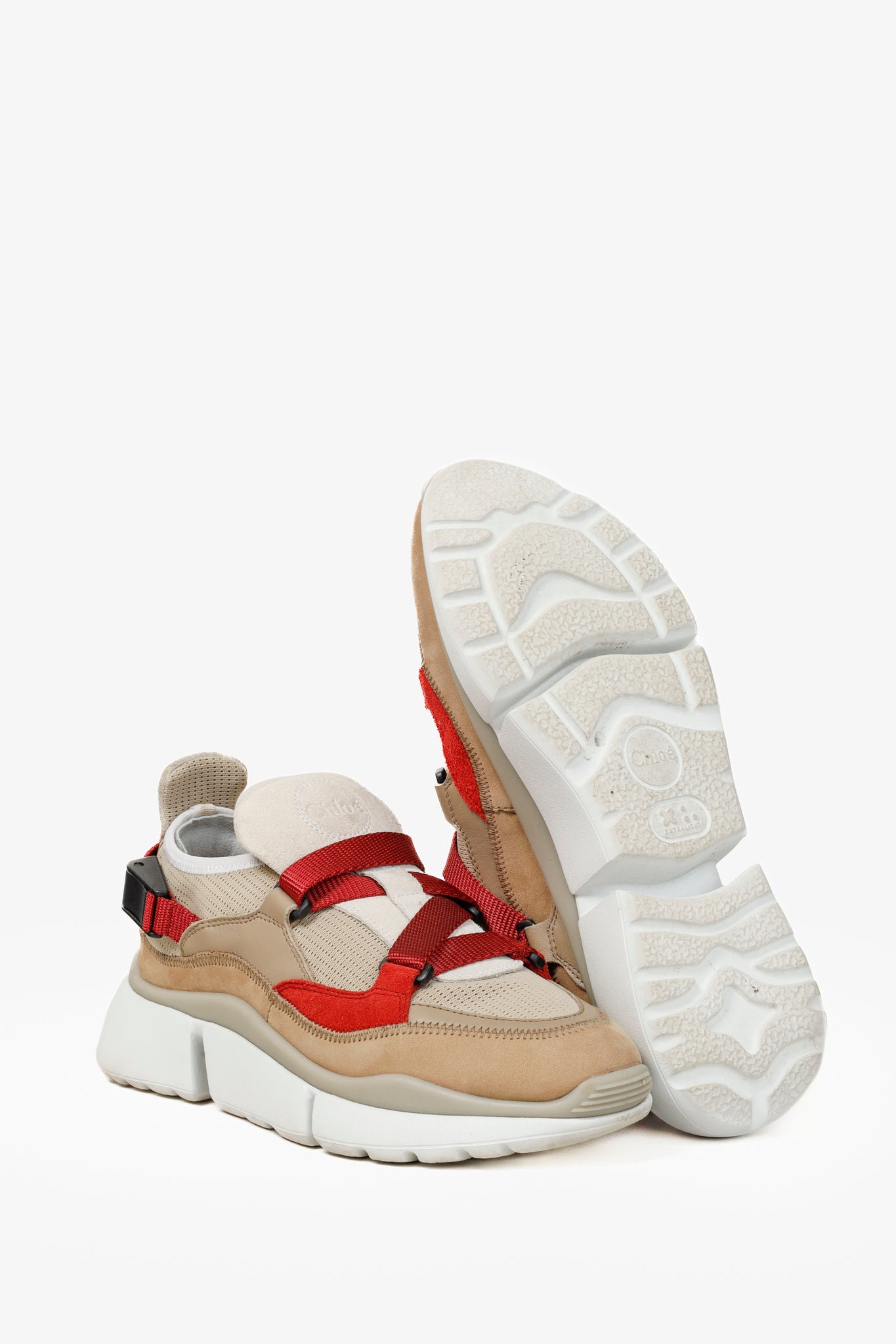 Chloe Sonnie Beige Leather Red Strap Trainers