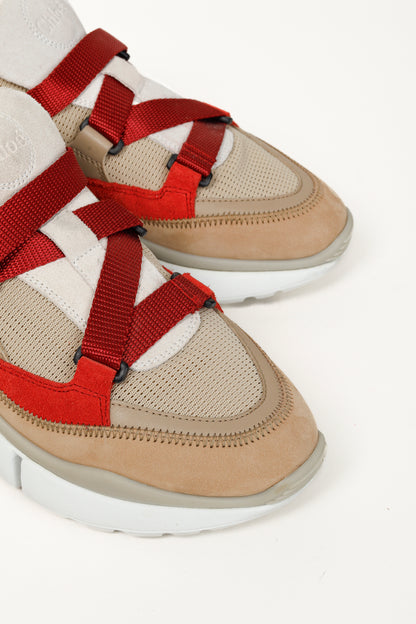 Chloe Sonnie Beige Leather Red Strap Trainers