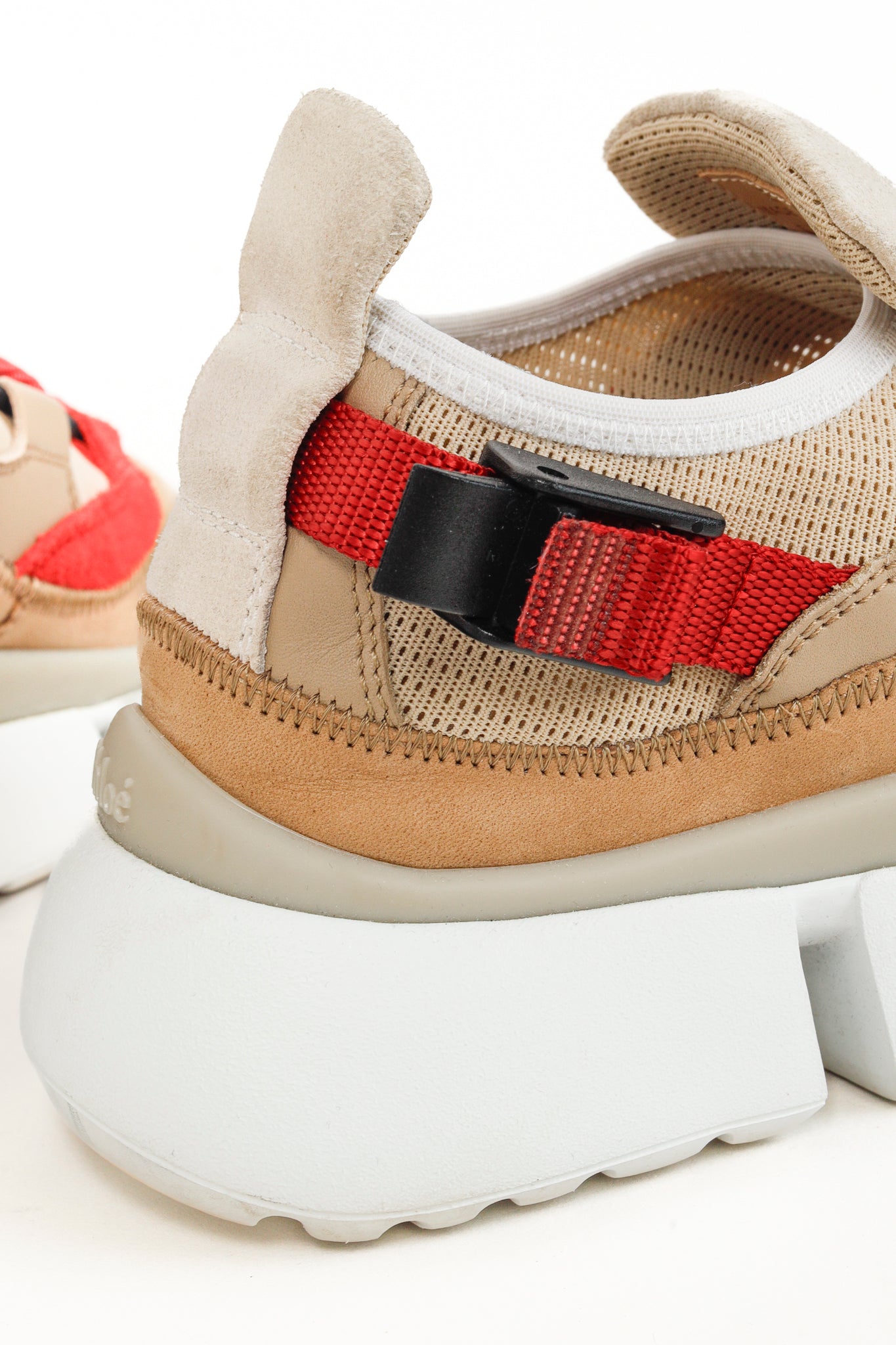 Chloe Sonnie Beige Leather Red Strap Trainers