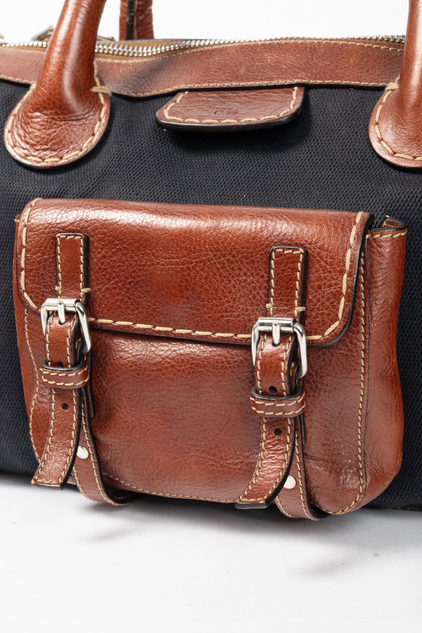Chloe Edith Navy Canvas & Leather Trim Tote