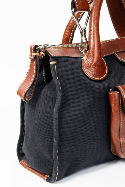 Chloe Edith Navy Canvas & Leather Trim Tote