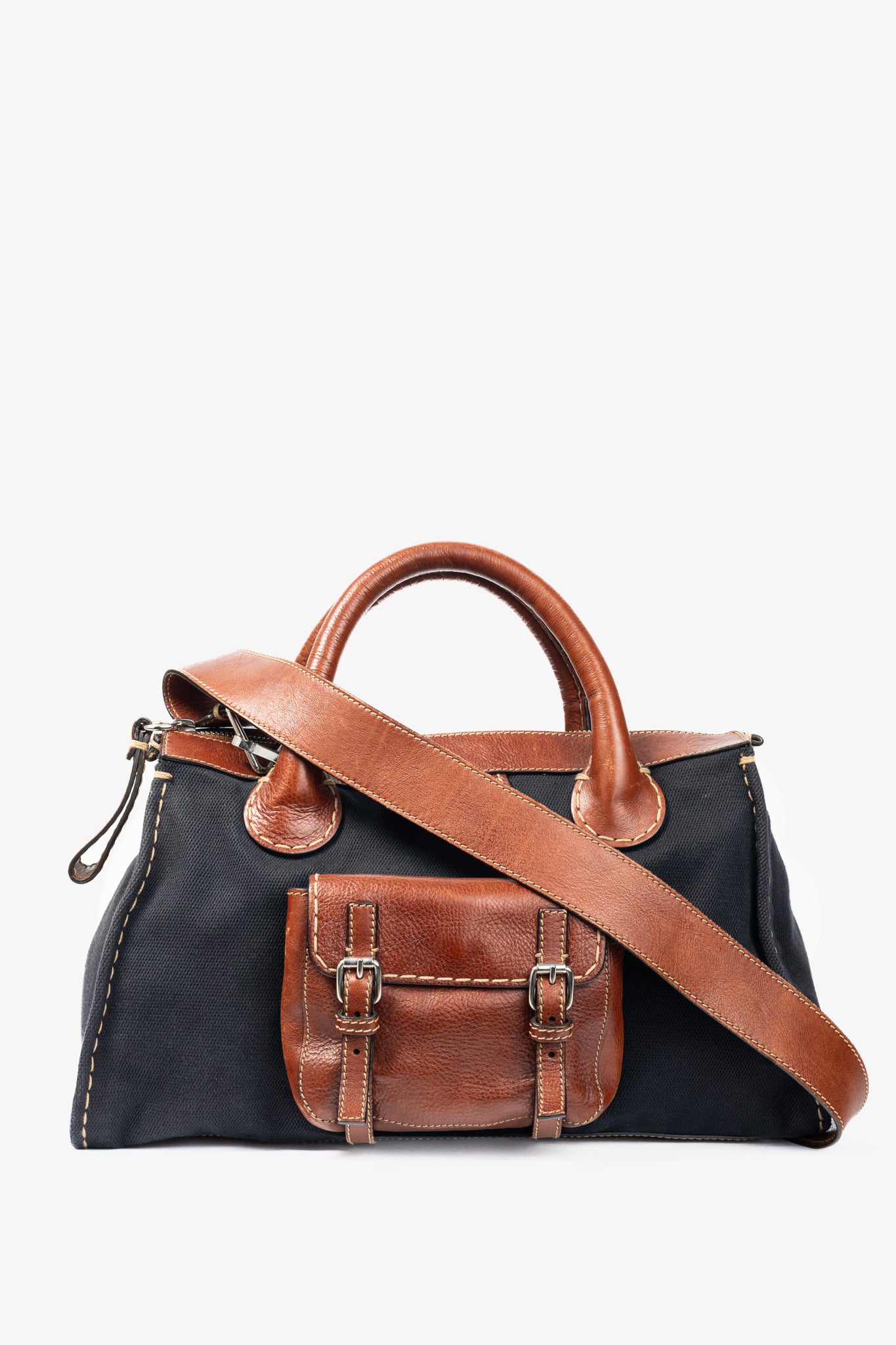 Chloe Edith Navy Canvas & Leather Trim Tote